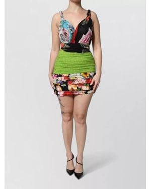 Dolce & Gabbana Floral Patchwork Mini Dress Ruched Skirt - Green
