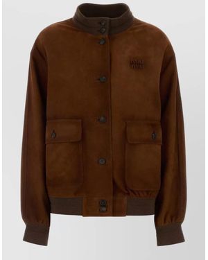Miu Miu Suede Bomber Jacket Front Pockets Ribbed Cuffs Hem - Brown
