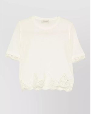 ERMANNO FIRENZE Knit Top Crew Neck Lace Trim Scalloped Hem - White