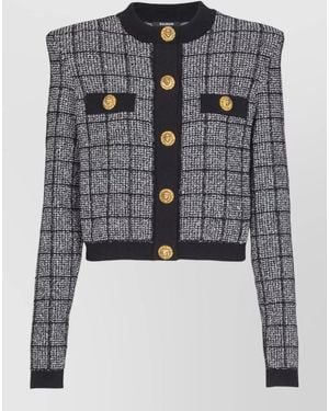 Balmain Tweed Round Neck Long-Sleeve Cardigan - Gray