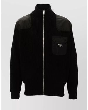 Prada Cashmere Wool Ribbed Oversized Zip Cardigan - Black