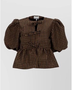 Ganni Top Bow Detail Peplum Hem Puff Sleeves - Brown