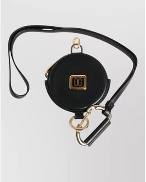 Dolce & Gabbana Round Leather Coin Purse Logo Lanyard Wallet - Black