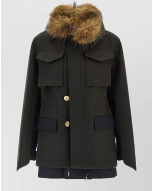 Sacai Wool Faux Fur Collar Military Coat - Black