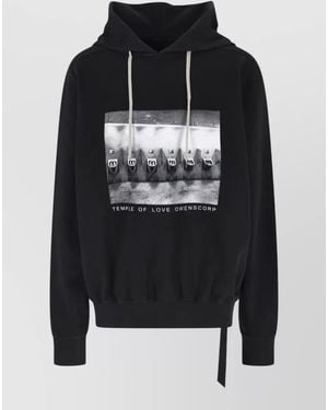 Rick Owens Hooded Sweatshirt Drawstring Detail Graphic Print - Black