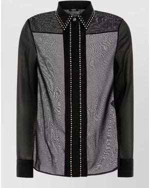 Versace Silk Shirt Long Sleeves Sheer Panels Studded Collar - Black