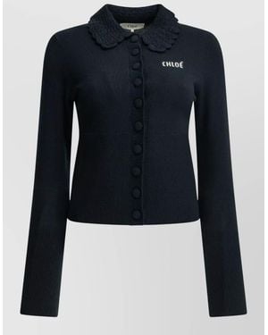 Chloé Logo Polo Knit Top Long Sleeves - Blue