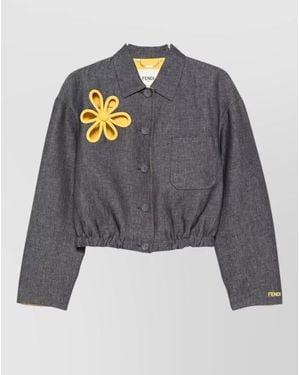 Fendi Denim Jacket Floral Applique Elasticated Hem Pocket - Grey