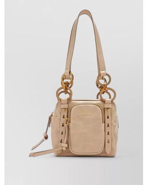 Prada Shoulder Bag Adjustable Strap Front Pocket - Natural