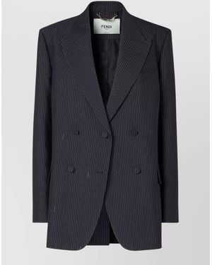 Fendi Pinstripe Double-Breasted Wool Blazer - Blue