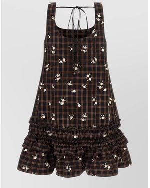 Ganni Floral Check Dress Ruffled Hem Sleeveless - Black