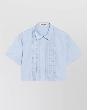 Miu Miu Cropped Shirt Short Sleeves Ruffled Front - Blue