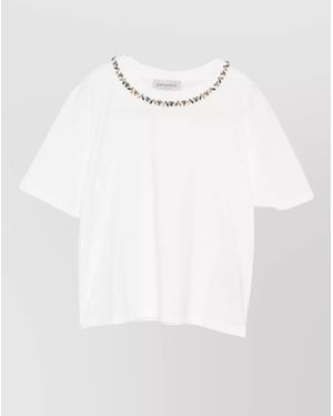 ERMANNO FIRENZE Crew Neck Top Embellished Neckline Short Sleeves - White