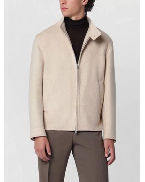 Lardini Stand Collar Soft Jacket Buttons Side Pockets - Natural