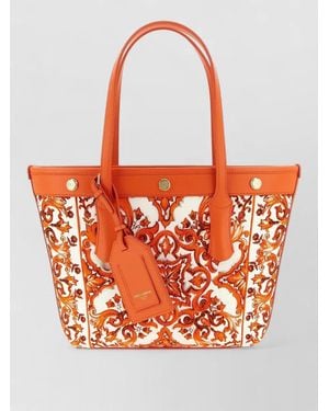Dolce & Gabbana Atene Shoulder Shopping Bag Ornate Pattern Dual Handles - Orange