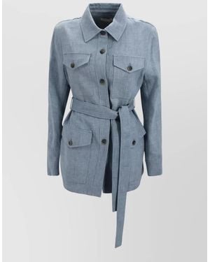 P.A.R.O.S.H. Linen Jacket Belted Waist Defined Silhouette - Blue