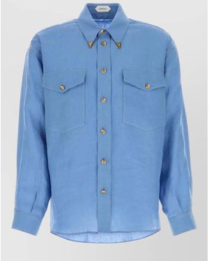Versace Linen Shirt Featuring Chest Pockets Long Sleeves - Blue