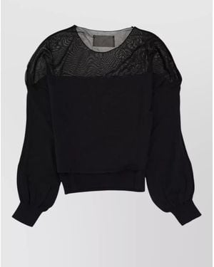 Circus Hotel Top Crew Neck Long Sleeves Sheer Panel - Black