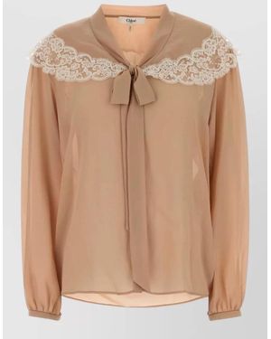 Chloé Crepe Blouse Bow Tie Front Lace - Natural