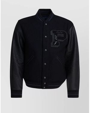 Polo Ralph Lauren Ribbed Collar Bomber Jacket With Leather Sleeves - Blue