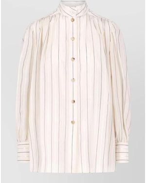 Chloé High Neck Striped Long Sleeve Pleated Top - Natural
