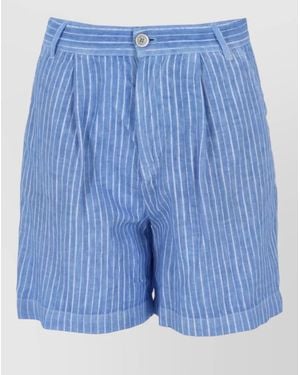 120% Lino Striped Bermuda Shorts Pleated Front Belt Loops - Blue