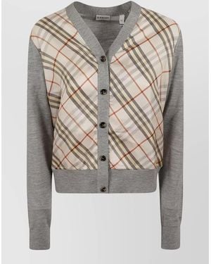 Burberry V Neck Long Sleeve Checkered Knitwear - Gray