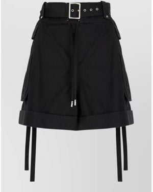 McQueen Cotton Bermuda Shorts Belted Waist Rolled Hem - Black