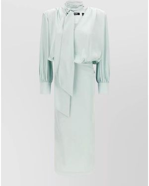 ROTATE BIRGER CHRISTENSEN Ruched Long Dress Fitted Silhouette Tie Detail - Blue