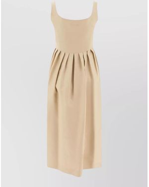 Sandbeige Dress Pleated Skirt Sleeveless Square Neckline - Natural
