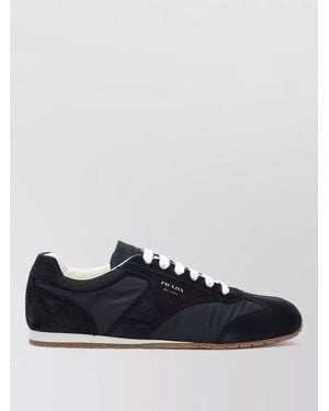 Prada Trainers Round Toe Rubber Sole Suede Panels - Black