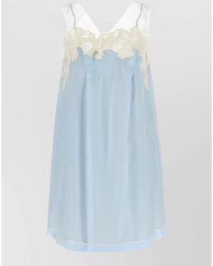 Maison Margiela Sleeveless V Neck Sheer Dress Lace Trim - Blue