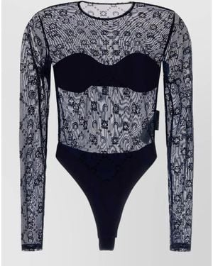 Marine Serre Stretch Tulle Bodysuit Floral Pattern Long Sleeves - Blue
