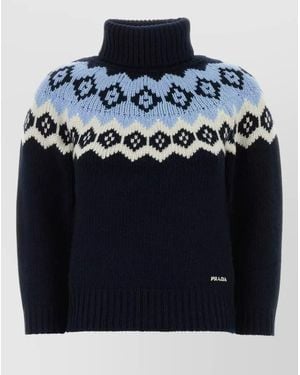 Prada Wool Blend Sweater Patterned Turtleneck Ribbed Trims - Blue