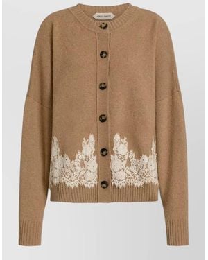 Alberta Ferretti Crew Neck Knit Top Lace Ribbed Edges - Brown