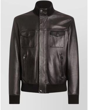 Dolce & Gabbana Lambskin Bomber Jacket Front Zipper Pockets - Black