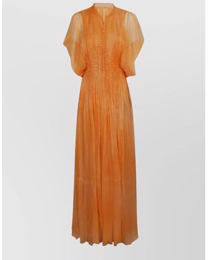 Ermanno Scervino Long Dress Buttons Elastic Waist Pleats Neckline - Orange