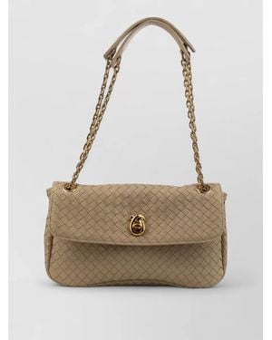 Bottega Veneta Shoulder Bag Woven Texture Chain Strap Hardware - Natural