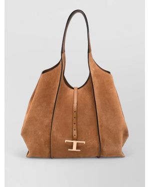 Tod's T Medium Suede Tote Bag Dual Handles - Brown