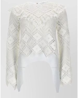Self-Portrait Crochet Lace Top Long Sleeves Ruffle - White