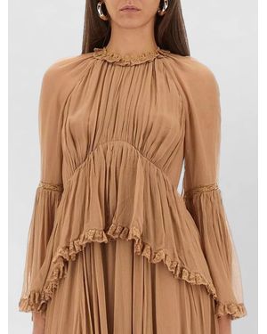 Zimmermann Peplum Dress High Neckline Flared Sleeves Ruffles - Brown