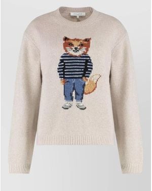 Maison Kitsuné Wool Jumper Round Neck Fox Motif - White
