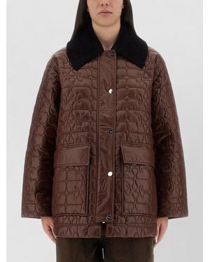 Ganni Quilted Mid Length Jacket Contrast Collar - Brown