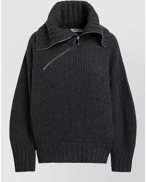 The Attico Cashmere Wool Ribbed Asymmetric Zip Turtleneck Sweater - Black
