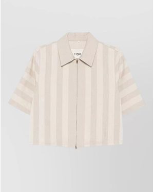 Fendi Pequin Jacquard Drill Cropped Jacket Shirt - Natural