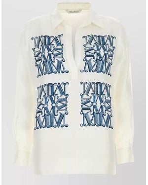 Max Mara Silk Filtro Blouse Button Cuffs Embroidery - Blue