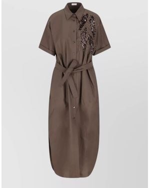 Brunello Cucinelli Cotton Sequined Belted Shirt Midi Dress - Brown