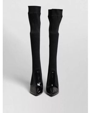Dolce & Gabbana Leather Ribbed Knit Over The Knee Boots - Black