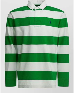 Polo Ralph Lauren Long Sleeve Striped Polo Shirt Ribbed Cuffs - Green