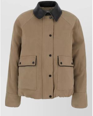 Brunello Cucinelli High Collar Coat Front Pockets Leather Detail - Brown